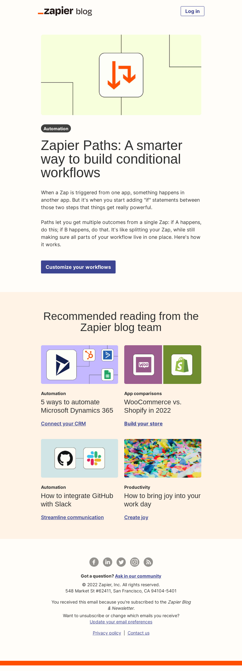 Письмо компании «Zapier» на тему «Build conditional workflows»