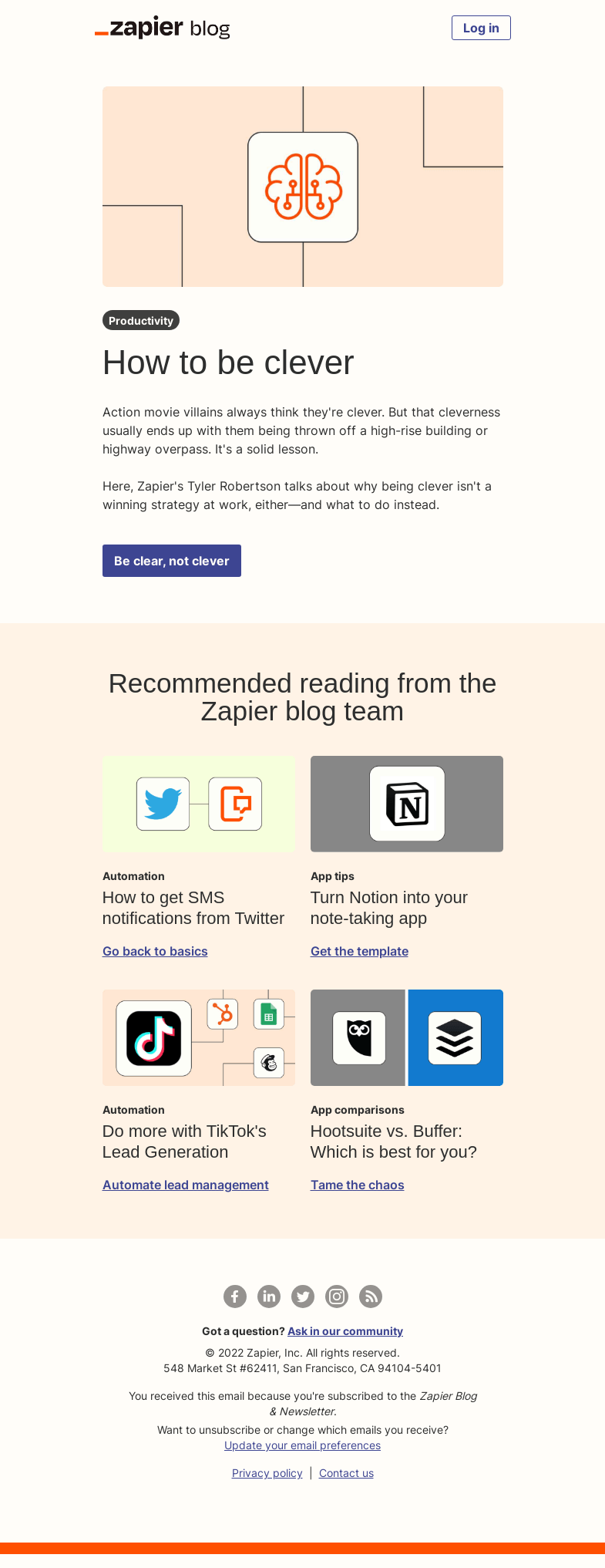 Письмо компании «Zapier» на тему «How to be clever»