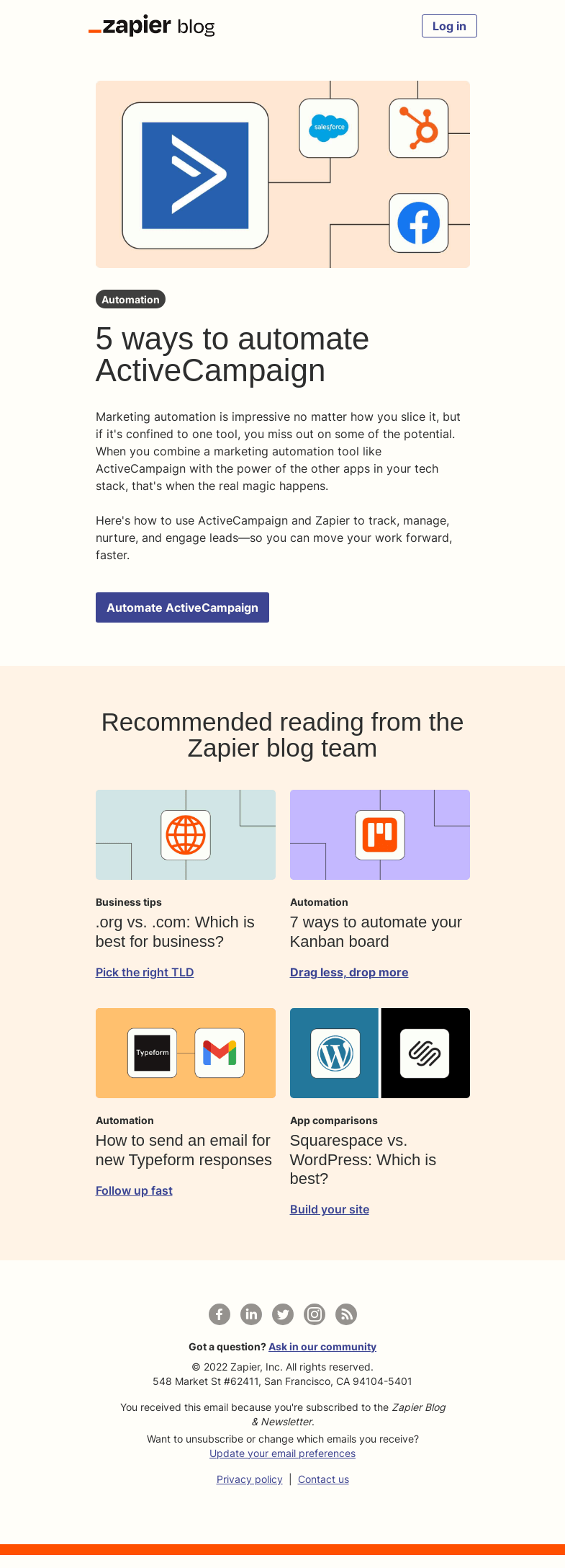 Письмо компании «Zapier» на тему «Automate ActiveCampaign»