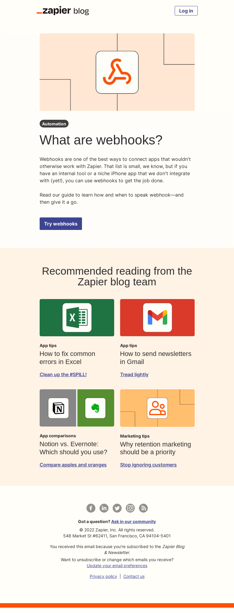 Письмо компании «Zapier» на тему «What are webhooks?»