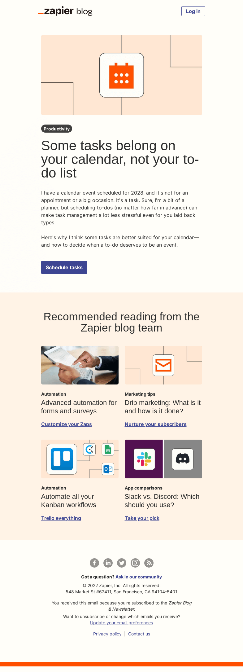 Письмо компании «Zapier» на тему «Some tasks belong on your calendar»