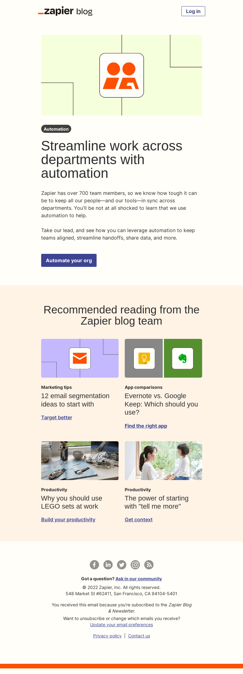 Письмо компании «Zapier» на тему «Streamline work across departments»