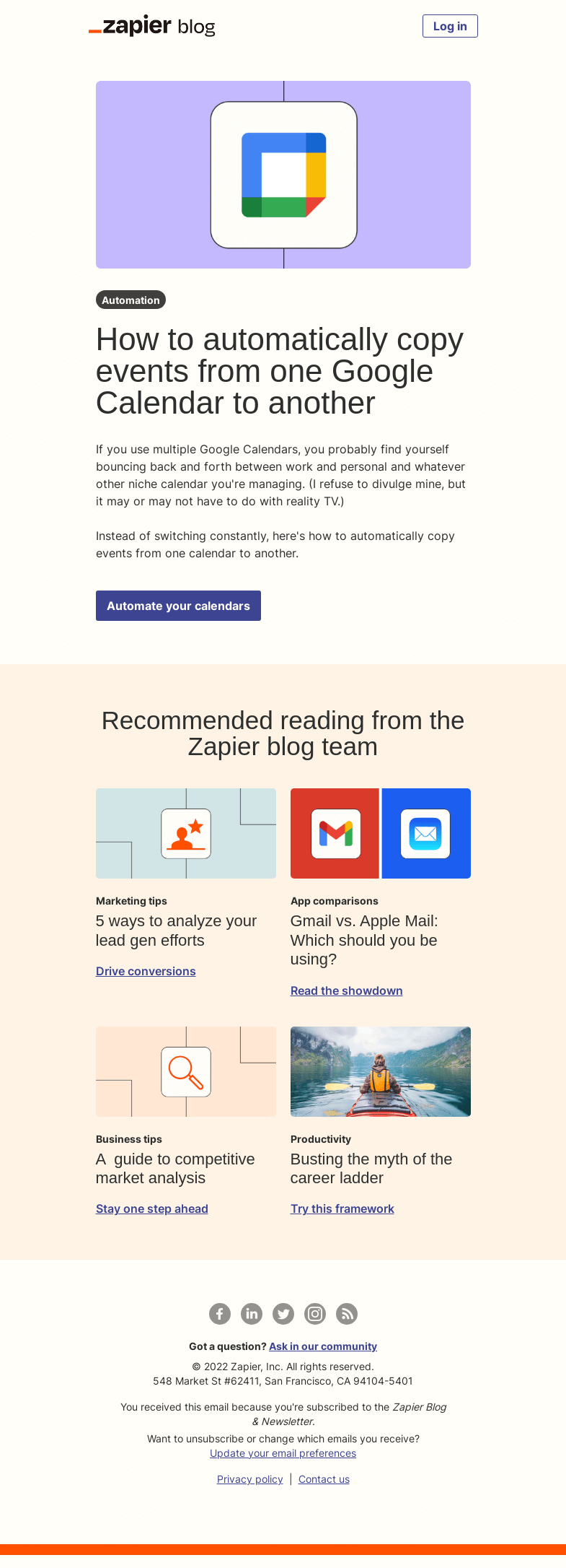 Письмо компании «Zapier» на тему «Automatically copy events in Google Calendar»