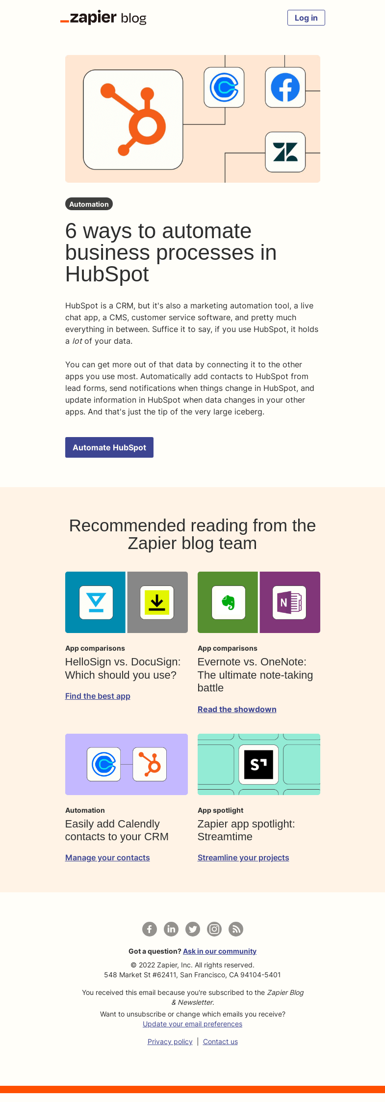 Письмо компании «Zapier» на тему «Automate HubSpot»