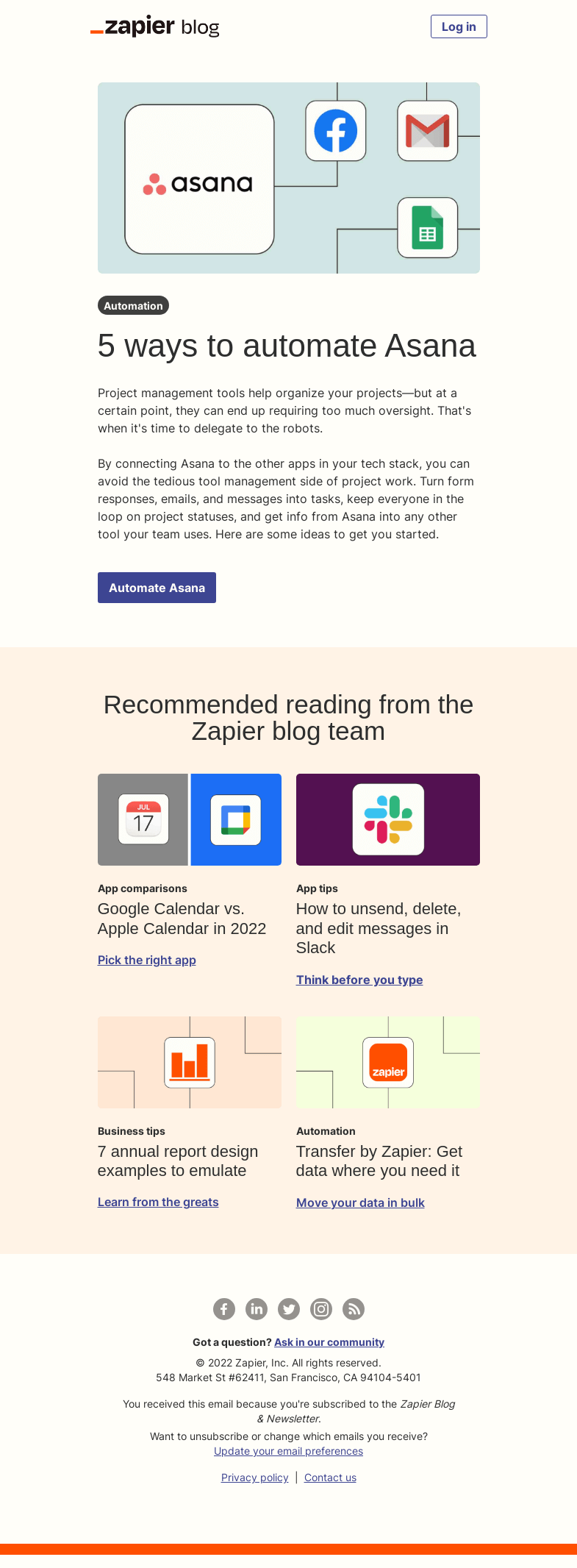 Письмо компании «Zapier» на тему «Automate Asana»