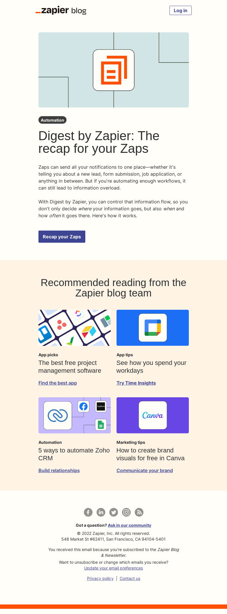 Письмо компании «Zapier» на тему «Recap your Zaps»