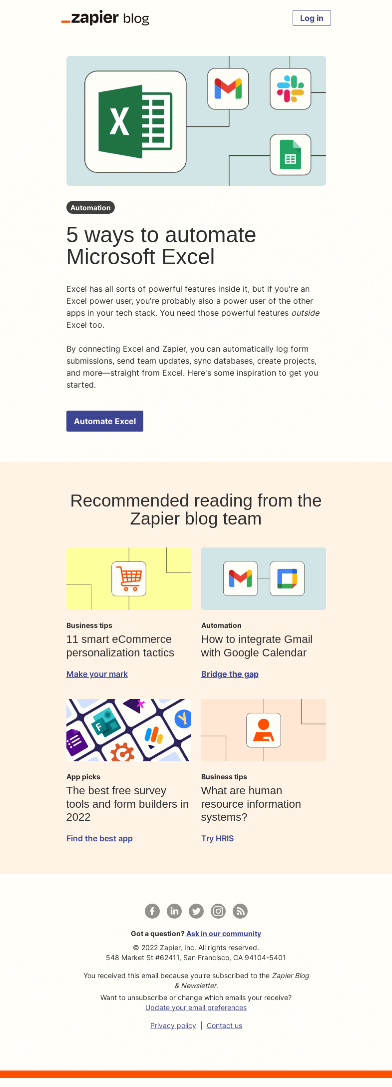 Письмо компании «Zapier» на тему «Automate Excel»