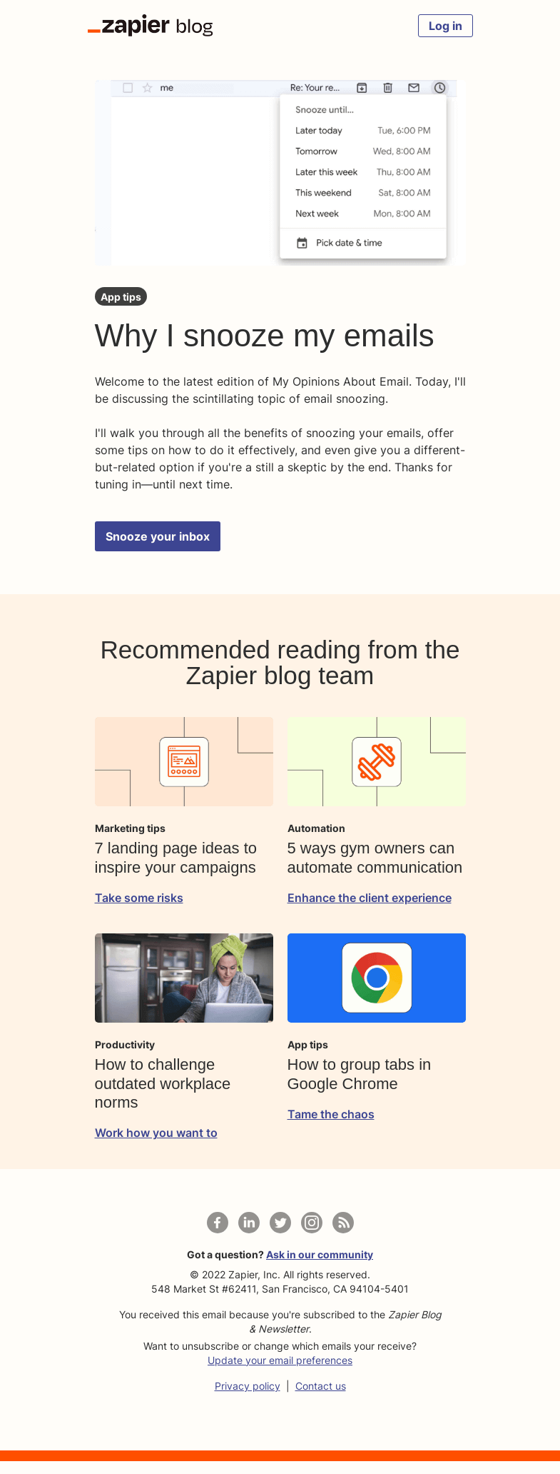 Письмо компании «Zapier» на тему «Snooze your emails»