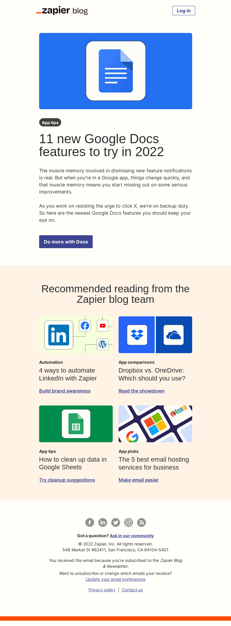 Письмо компании «Zapier» на тему «Do more with Google Docs»