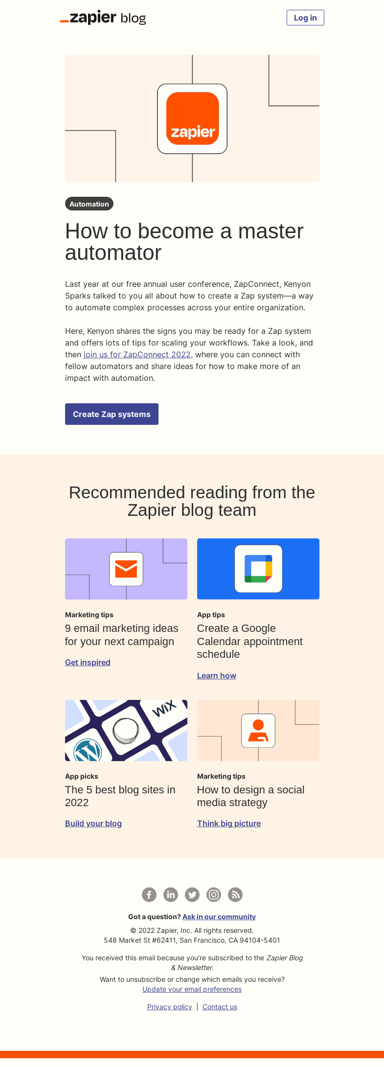 Письмо компании «Zapier» на тему «Automate your systems»