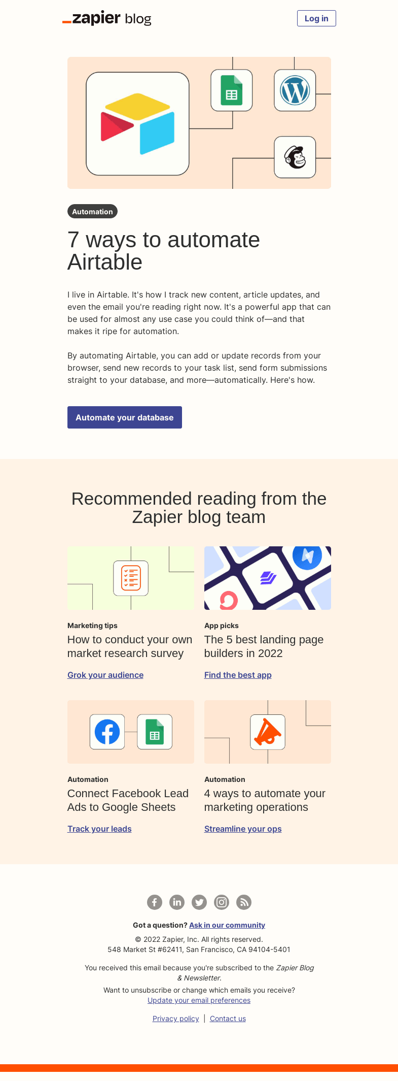 Письмо компании «Zapier» на тему «Automate Airtable»