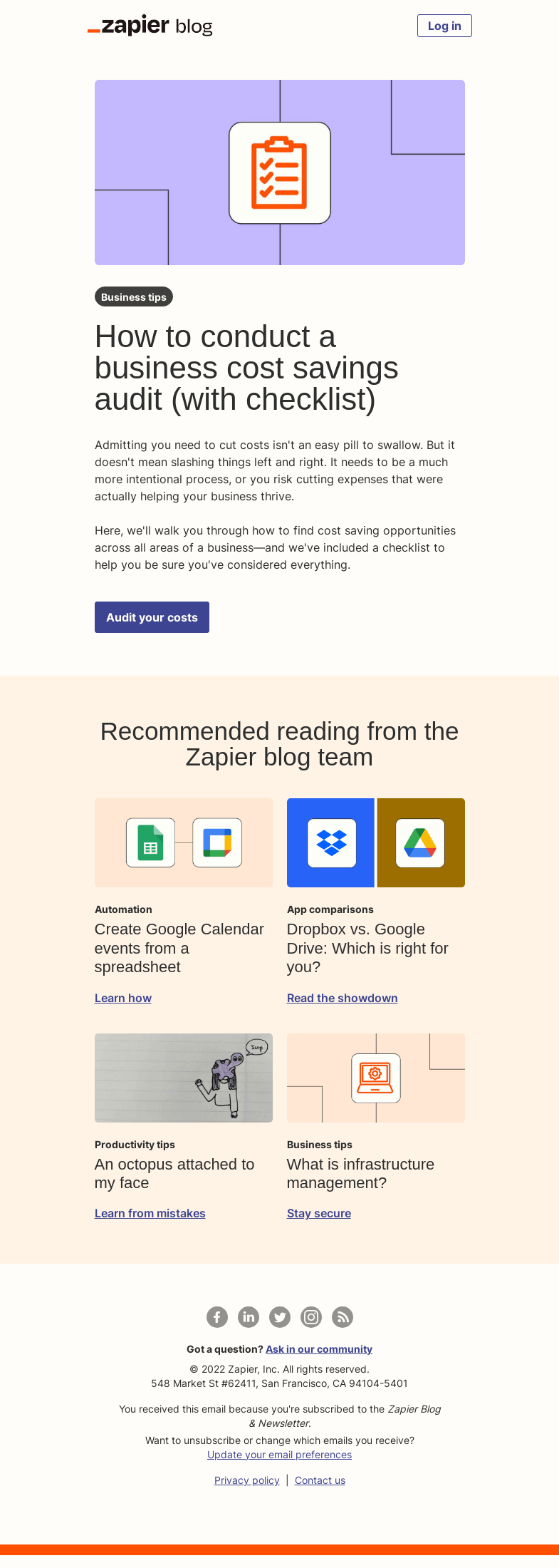 Письмо компании «Zapier» на тему «Cut costs»