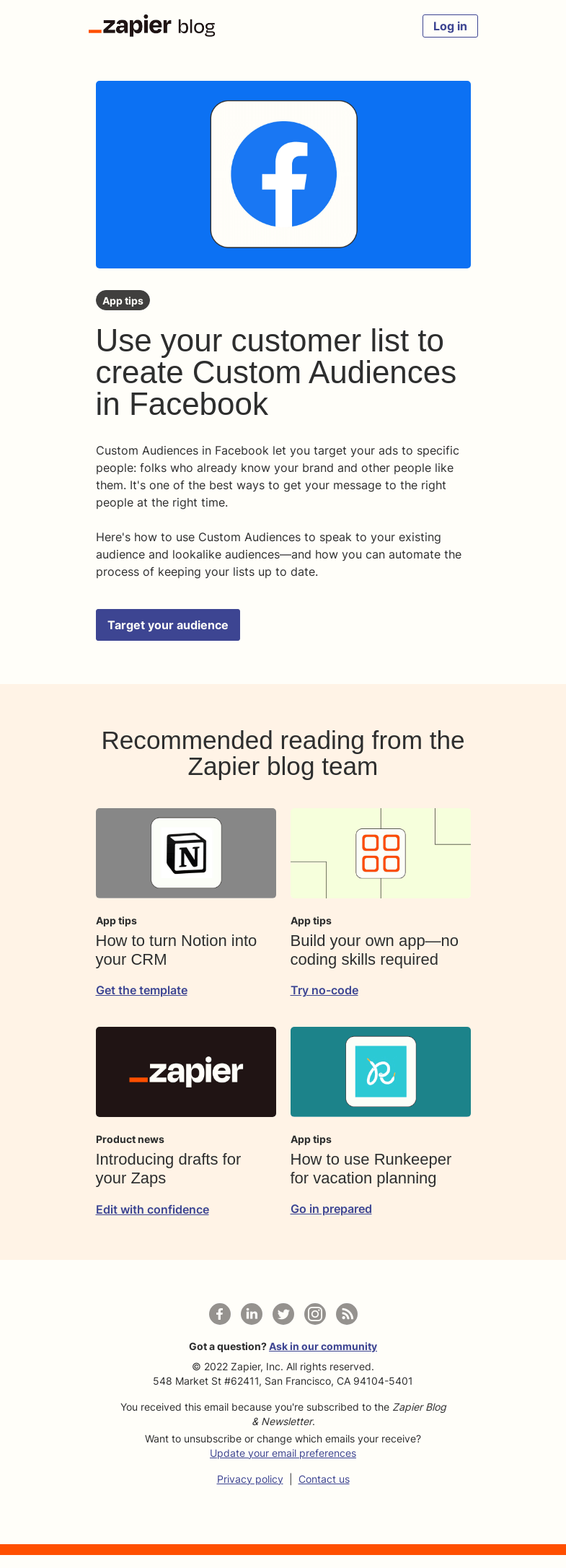 Письмо компании «Zapier» на тему «Create a custom audience»