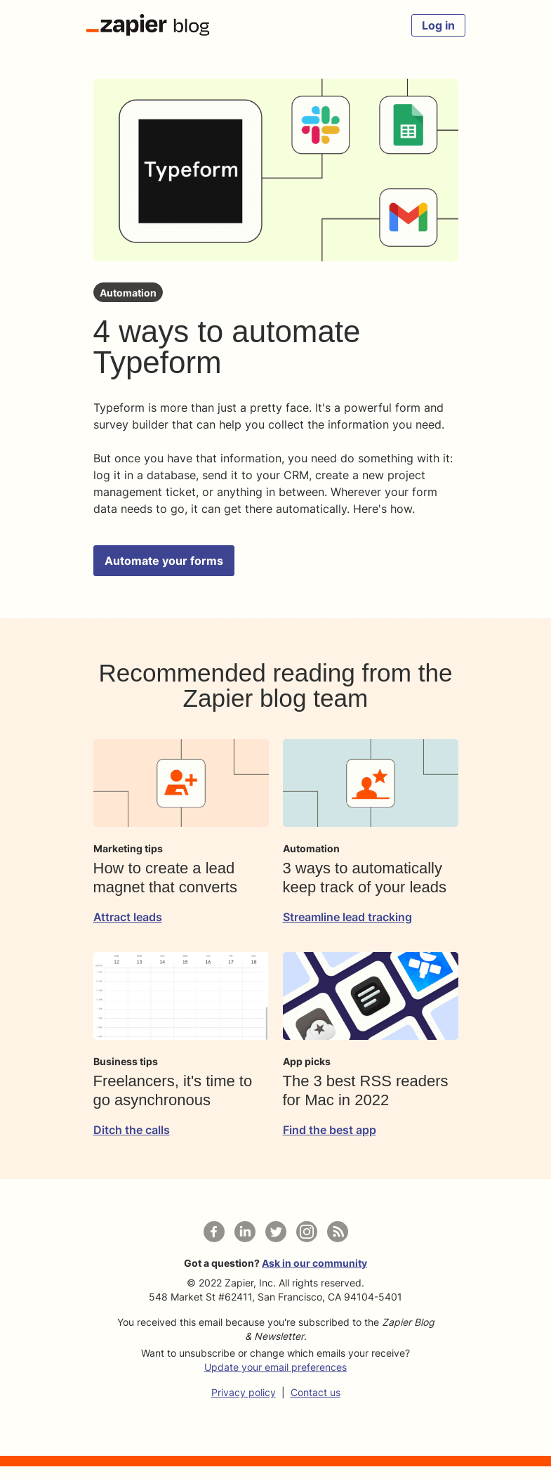 Письмо компании «Zapier» на тему «Automate Typeform»