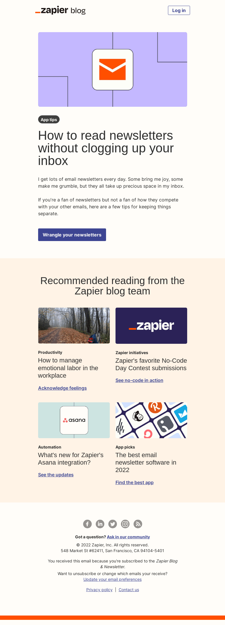 Письмо компании «Zapier» на тему «Unclog your inbox»