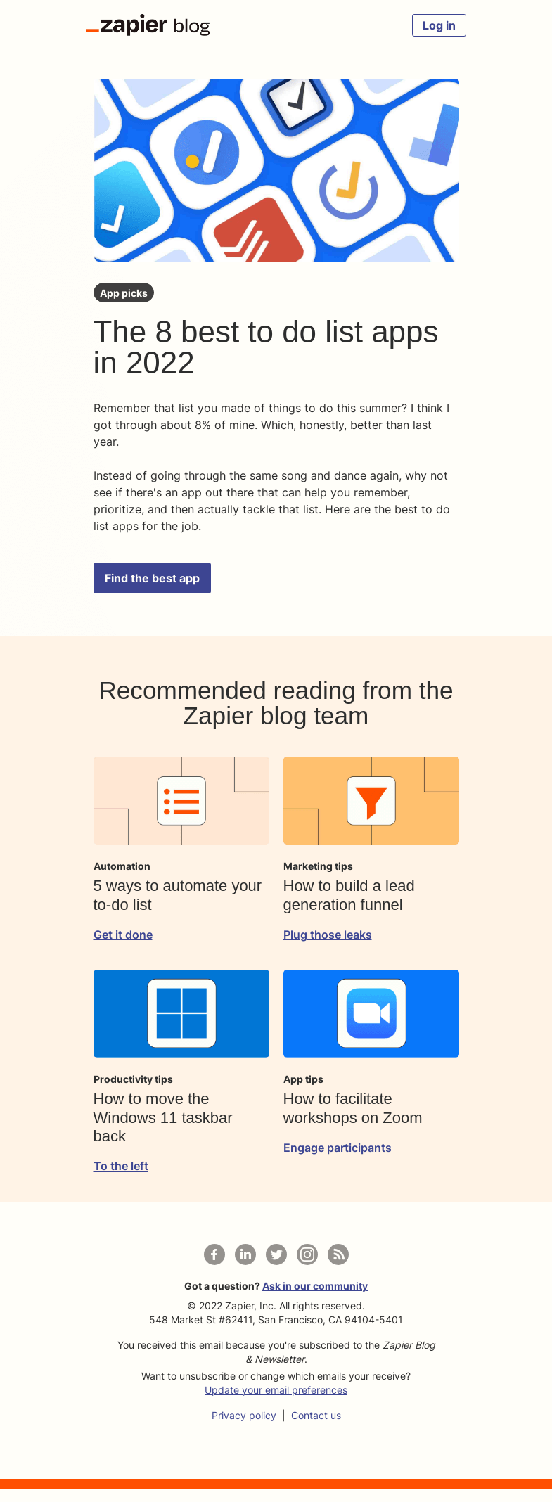 Письмо компании «Zapier» на тему «The best to-do list apps»