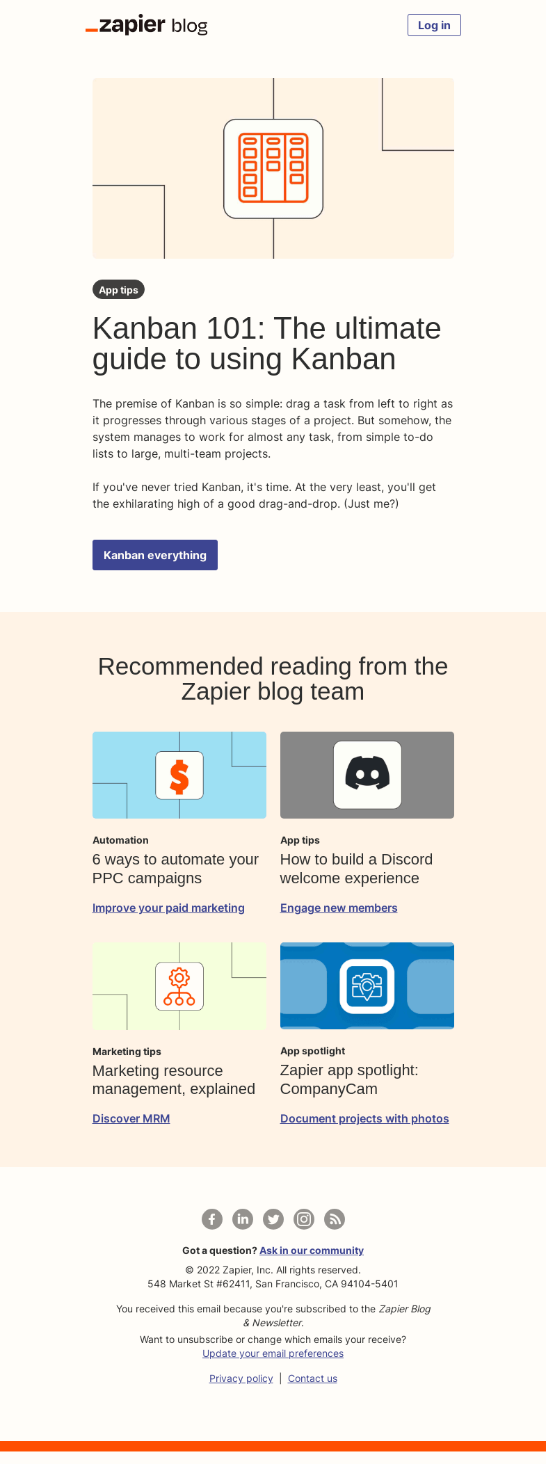 Письмо компании «Zapier» на тему «Kanban 101»