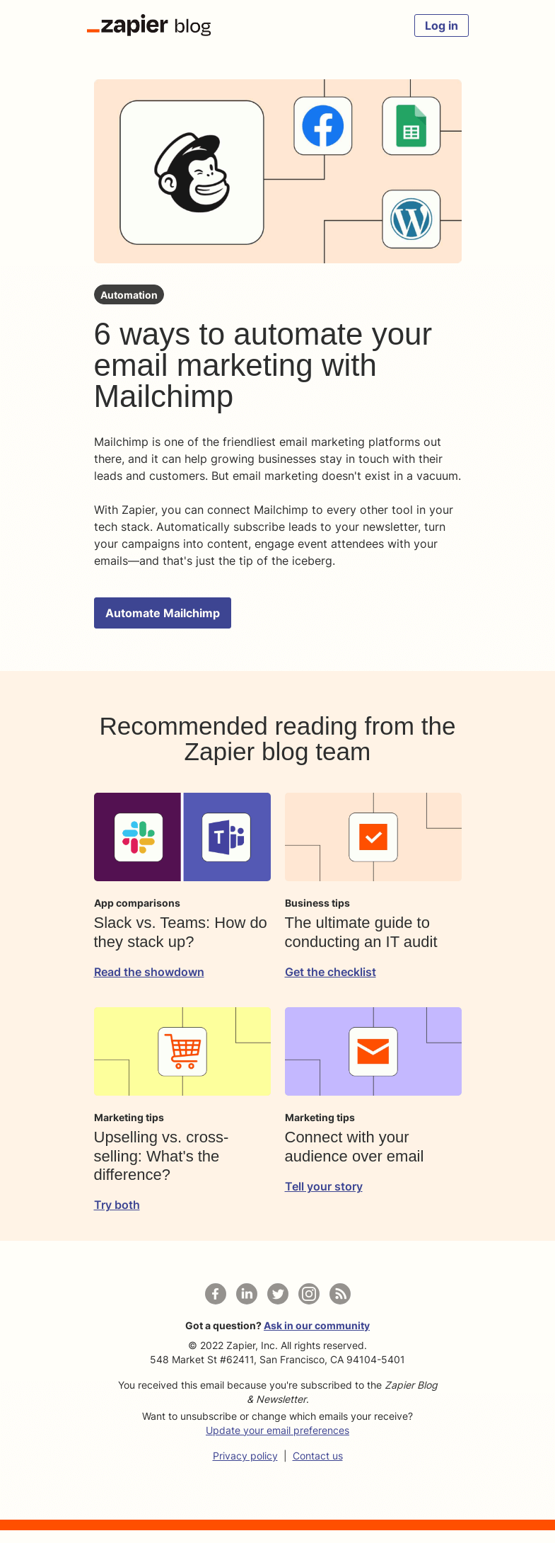 Письмо компании «Zapier» на тему «Automate Mailchimp»