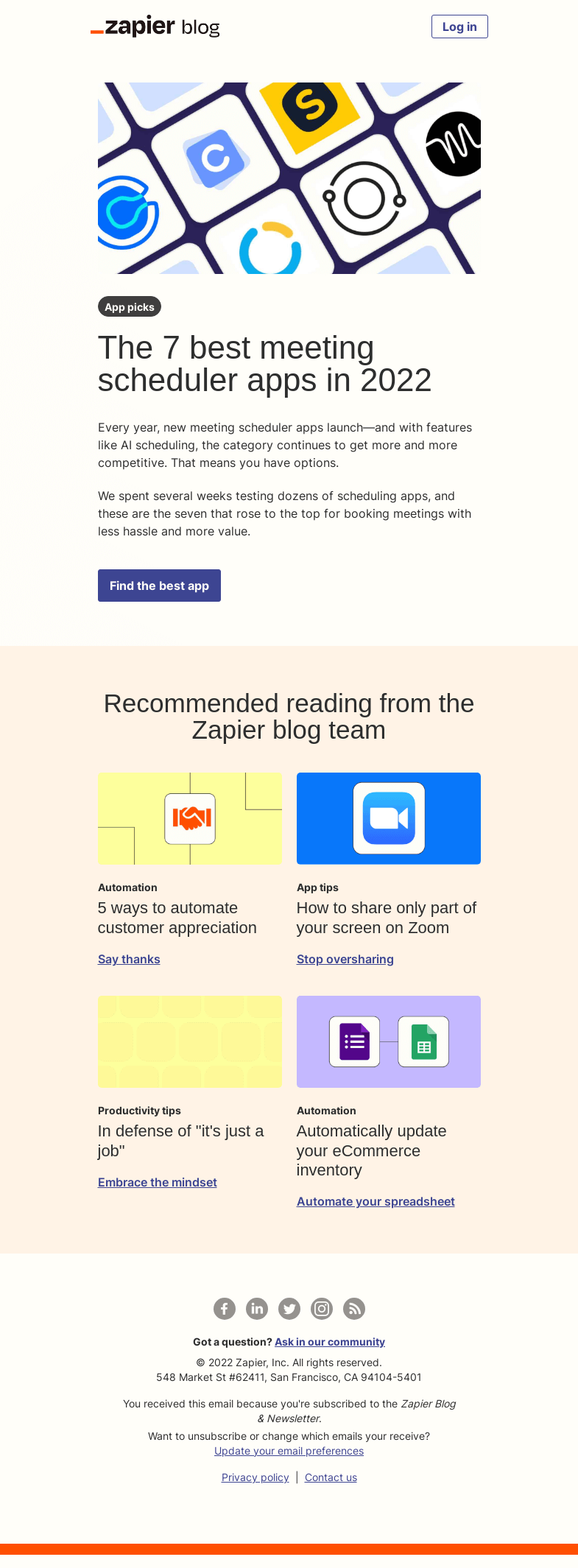Письмо компании «Zapier» на тему «The best meeting scheduler apps in 2022»