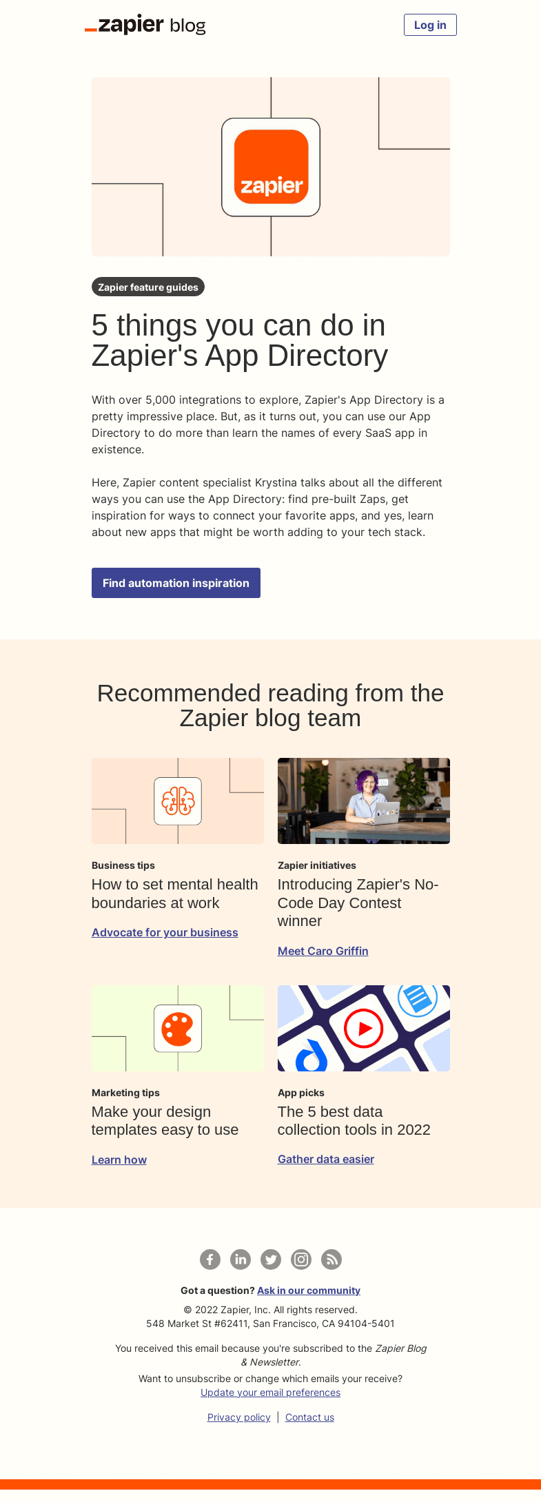Письмо компании «Zapier» на тему «Automation inspiration»