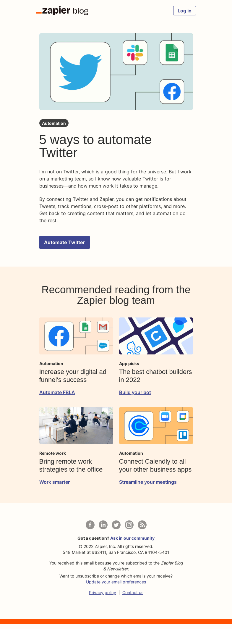 Письмо компании «Zapier» на тему «5 ways to automate Twitter»