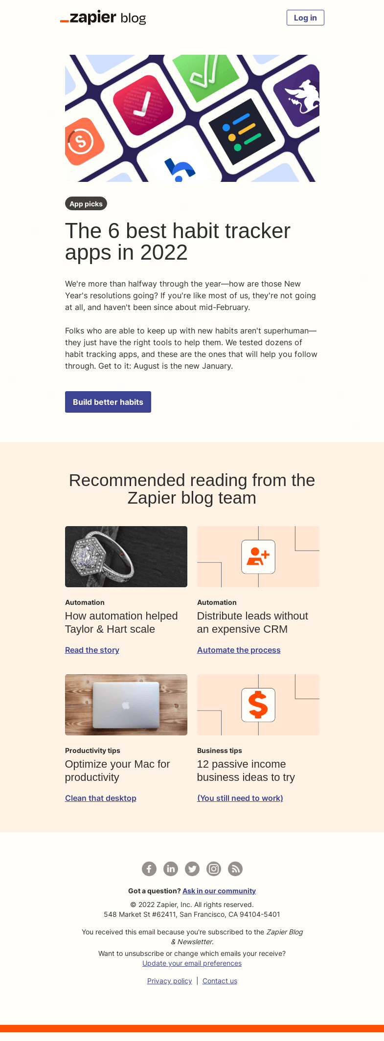 Письмо компании «Zapier» на тему «The best habit tracker apps»