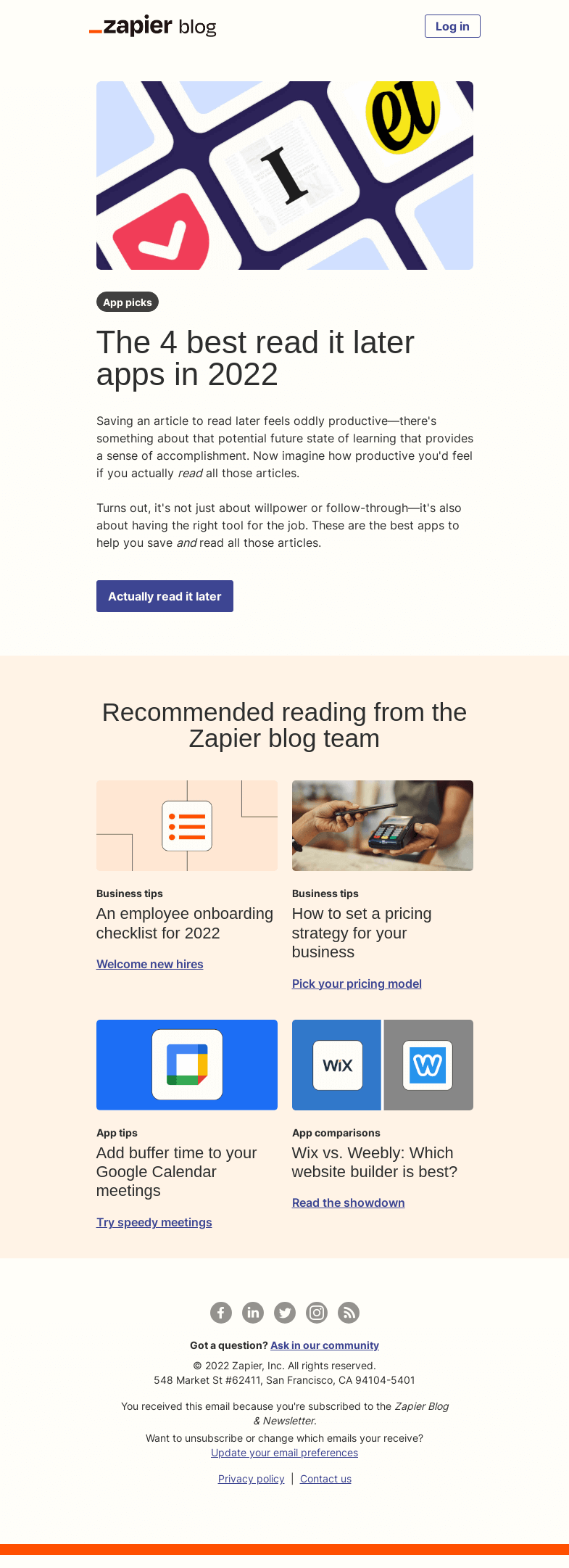Письмо компании «Zapier» на тему «Read it later»