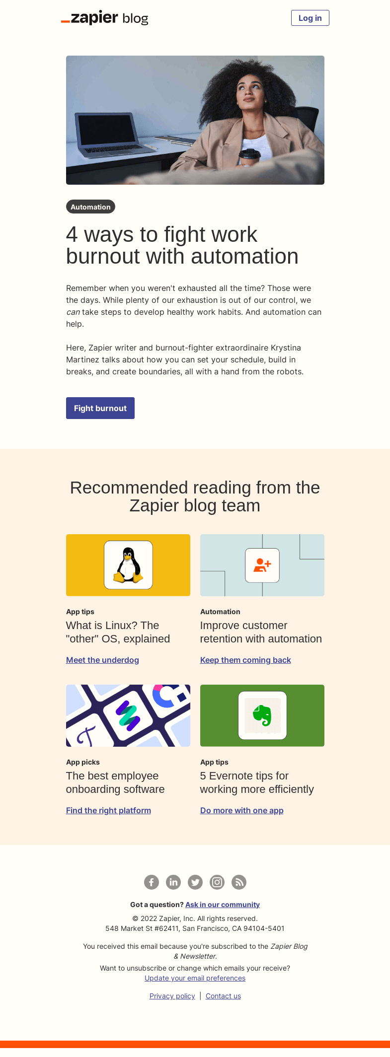 Письмо компании «Zapier» на тему «Fight burnout»