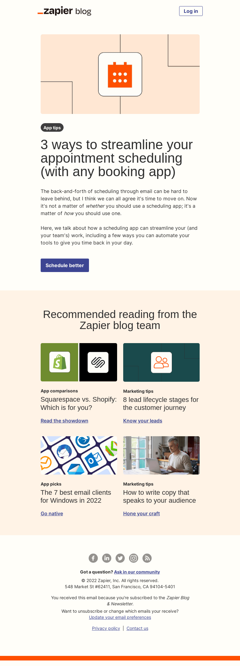 Письмо компании «Zapier» на тему «Schedule better»