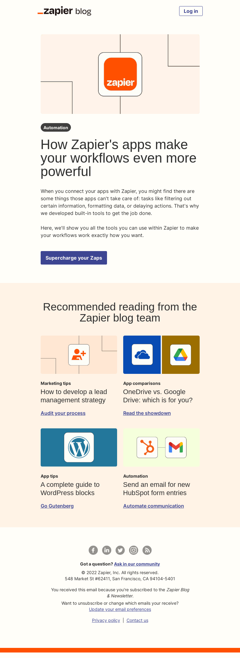 Письмо компании «Zapier» на тему «Supercharge your Zaps»