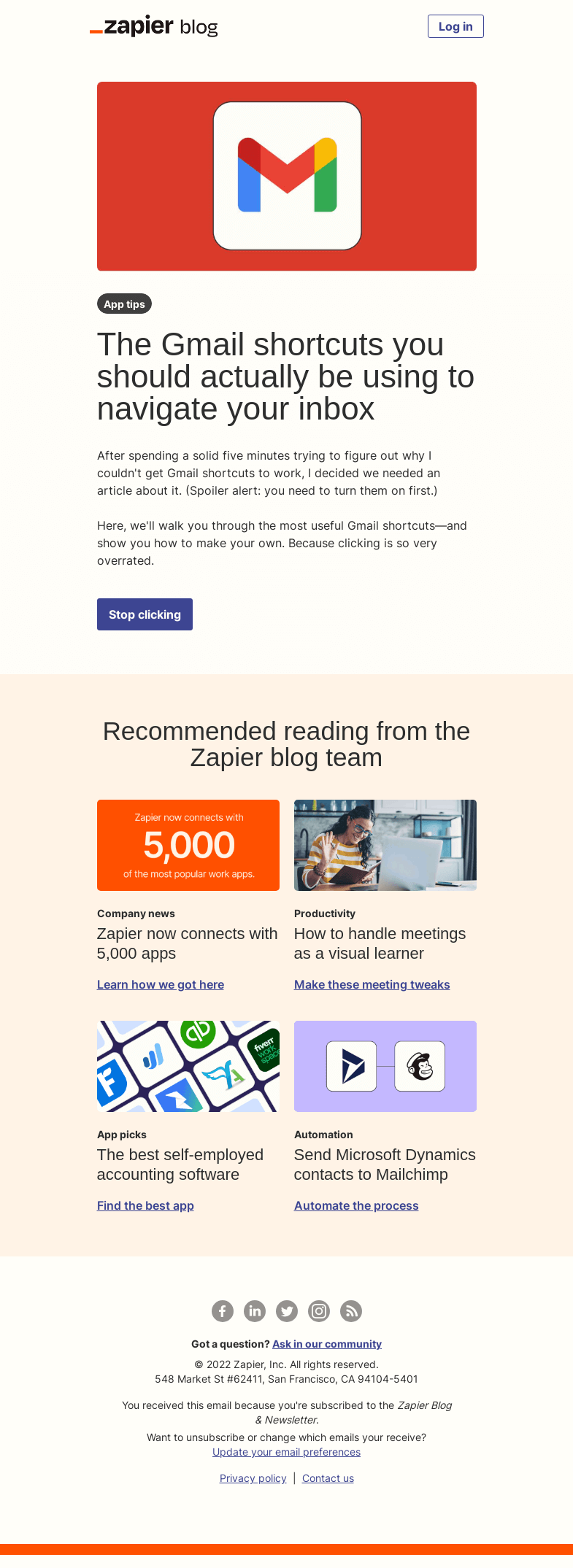 Письмо компании «Zapier» на тему «The Gmail shortcuts you should actually be using»