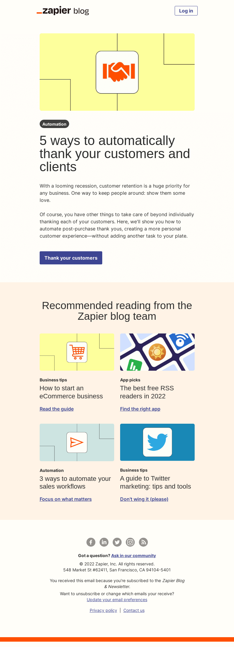 Письмо компании «Zapier» на тему «Thank your customers»