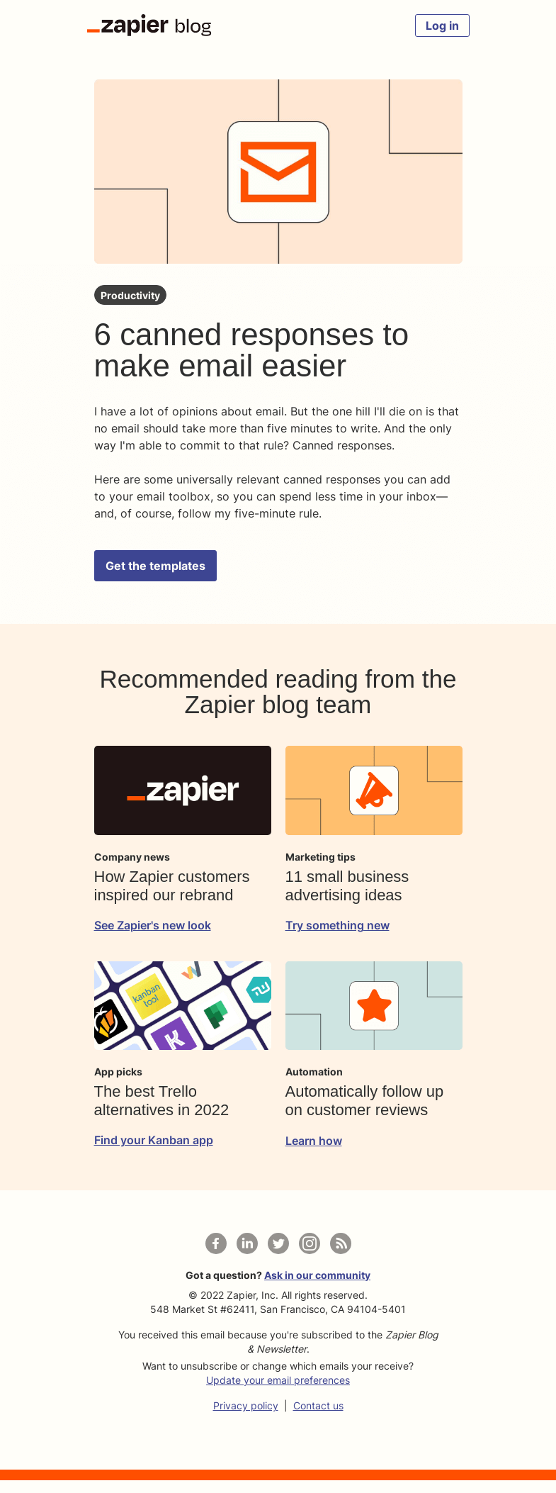 Письмо компании «Zapier» на тему «6 canned responses to make email easier»