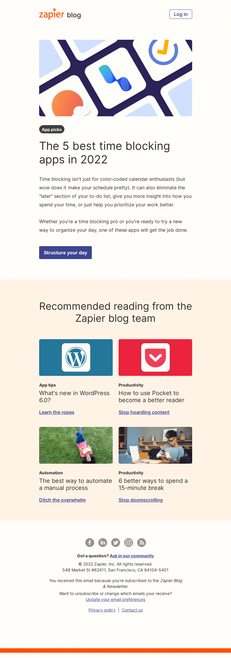Письмо компании «Zapier» на тему «The best time blocking apps in 2022»