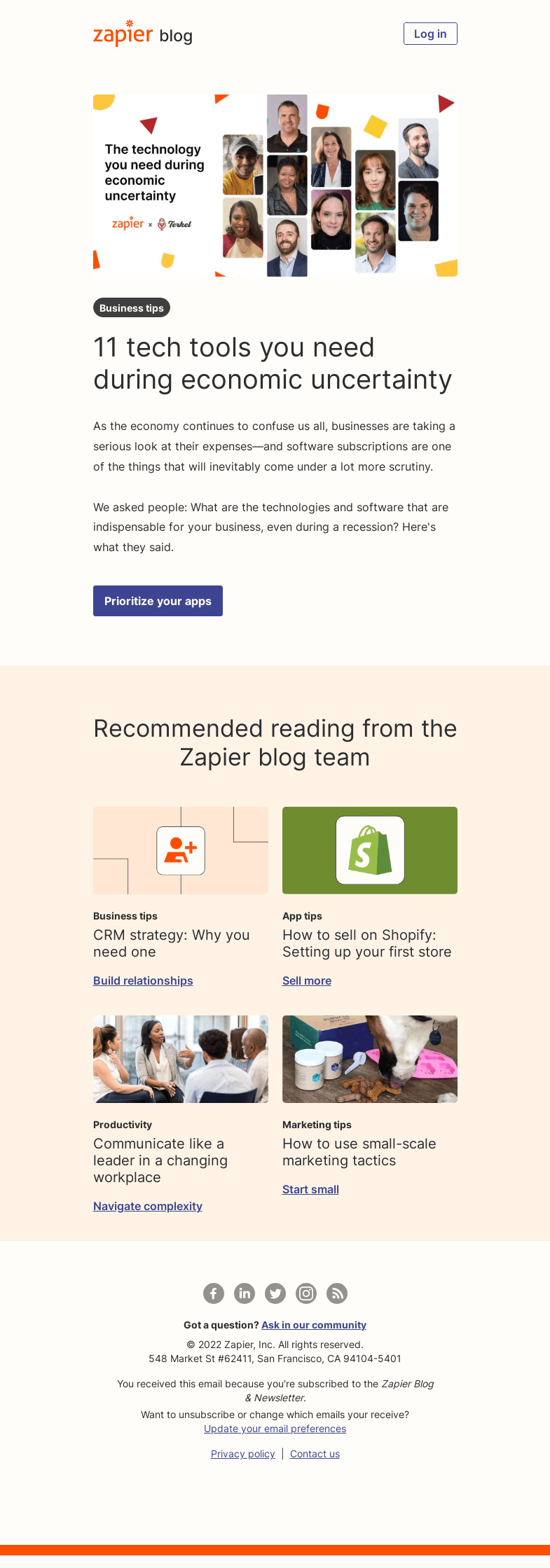 Письмо компании «Zapier» на тему «Which apps are essential?»