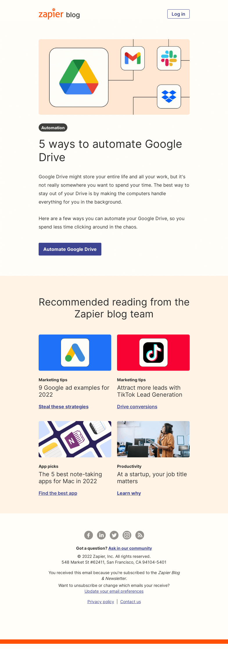 Письмо компании «Zapier» на тему «Automate Google Drive»