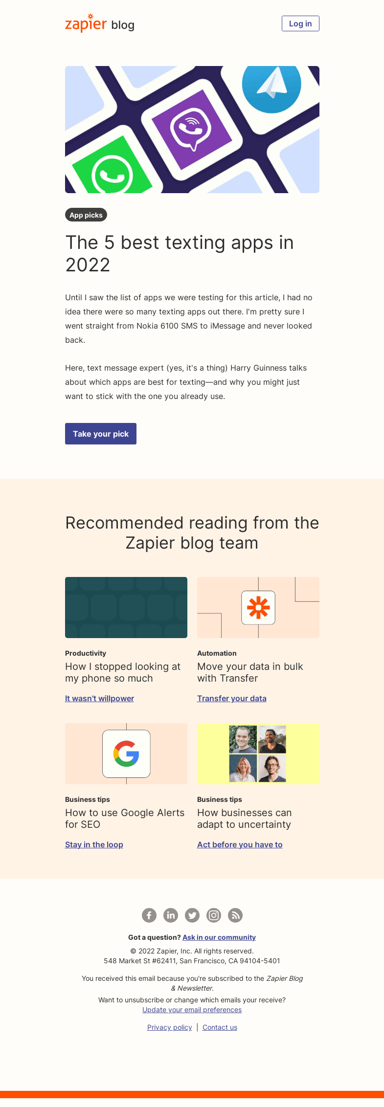 Письмо компании «Zapier» на тему «The best texting apps in 2022»