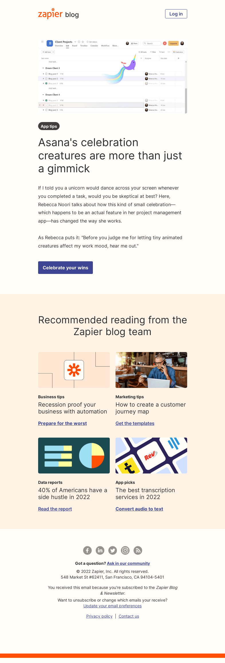 Письмо компании «Zapier» на тему «Celebrate your wins»