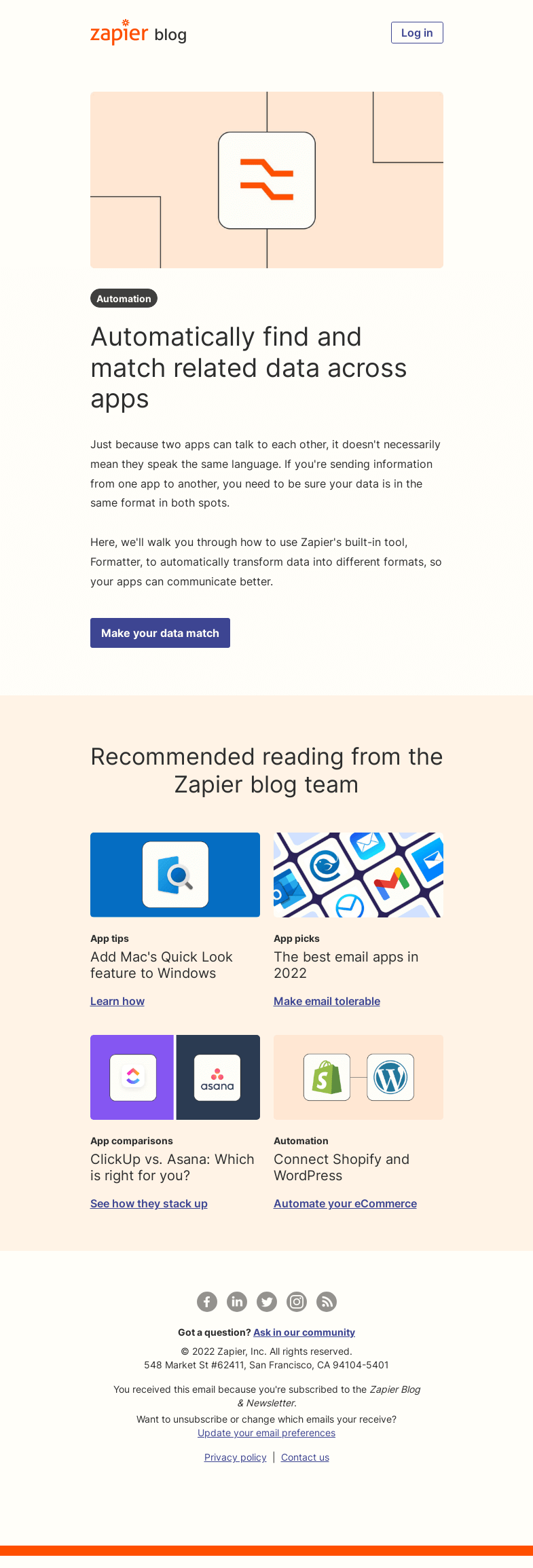 Письмо компании «Zapier» на тему «Find and match related data across apps»