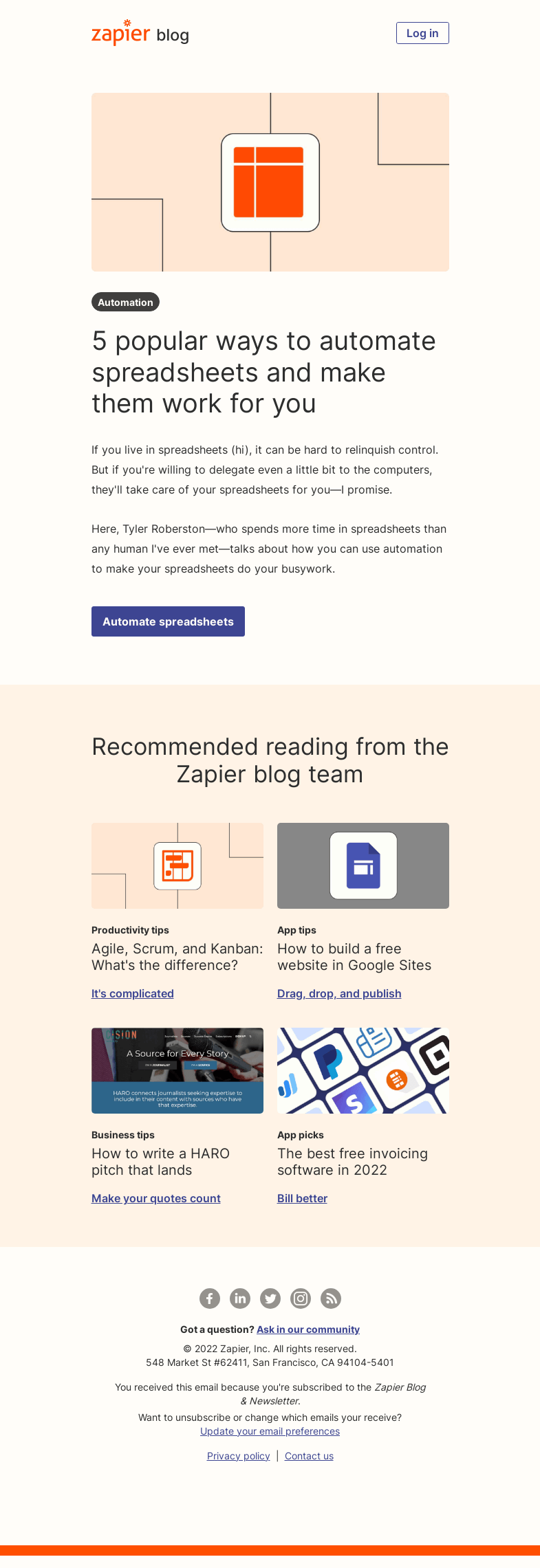 Письмо компании «Zapier» на тему «Automate your spreadsheets»