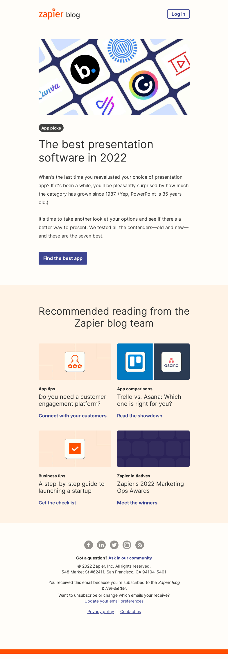 Письмо компании «Zapier» на тему «The best presentation software in 2022»
