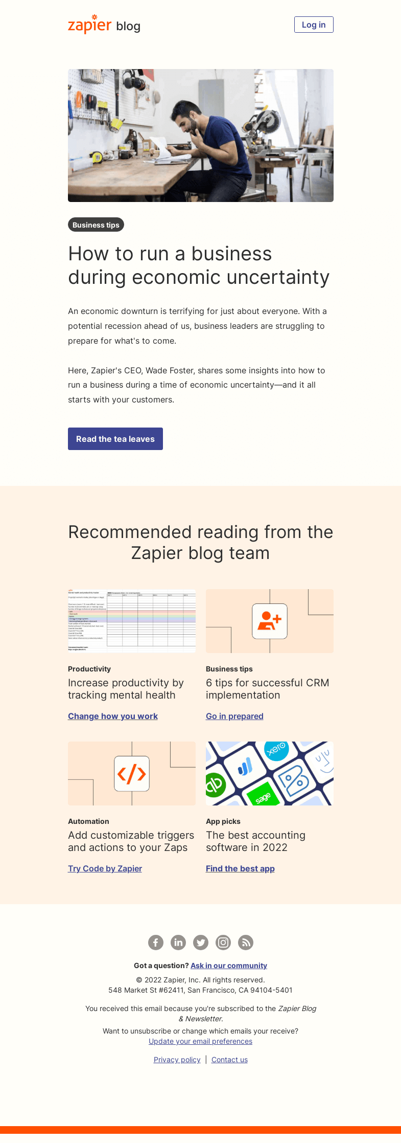 Письмо компании «Zapier» на тему «Facing an economic downturn»