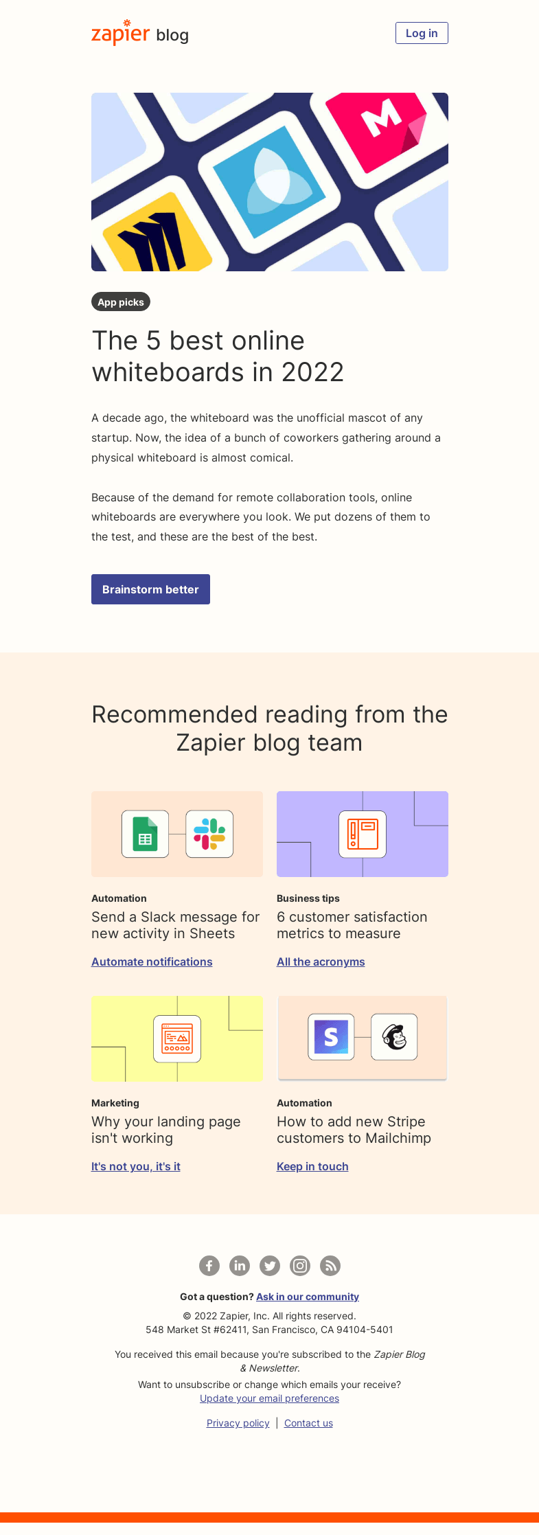 Письмо компании «Zapier» на тему «The best online whiteboards in 2022»