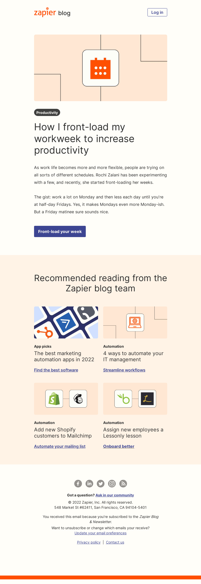 Письмо компании «Zapier» на тему «Front-load your week»