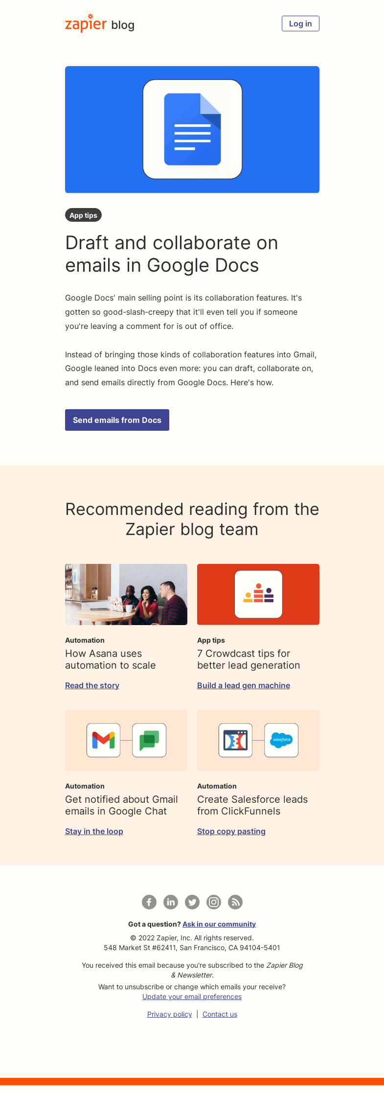 Письмо компании «Zapier» на тему «Collaborate on emails in Google Docs»