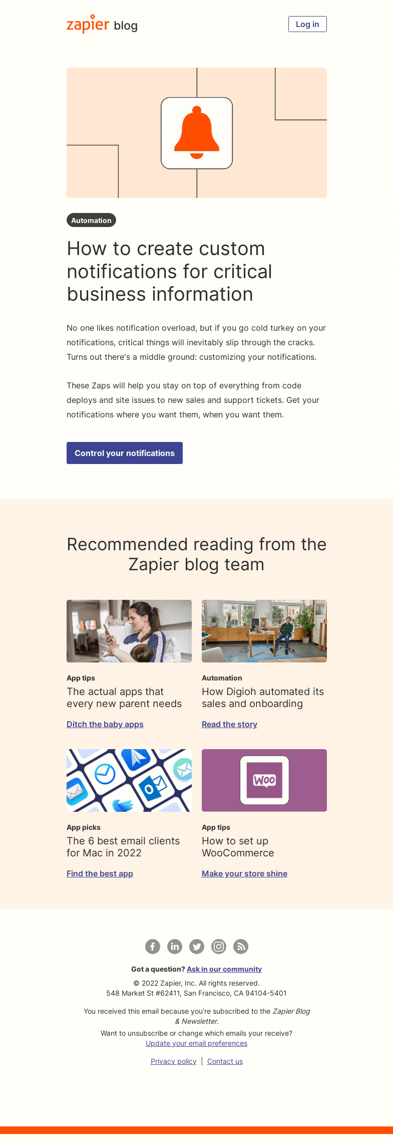 Письмо компании «Zapier» на тему «Create custom notifications for critical information»