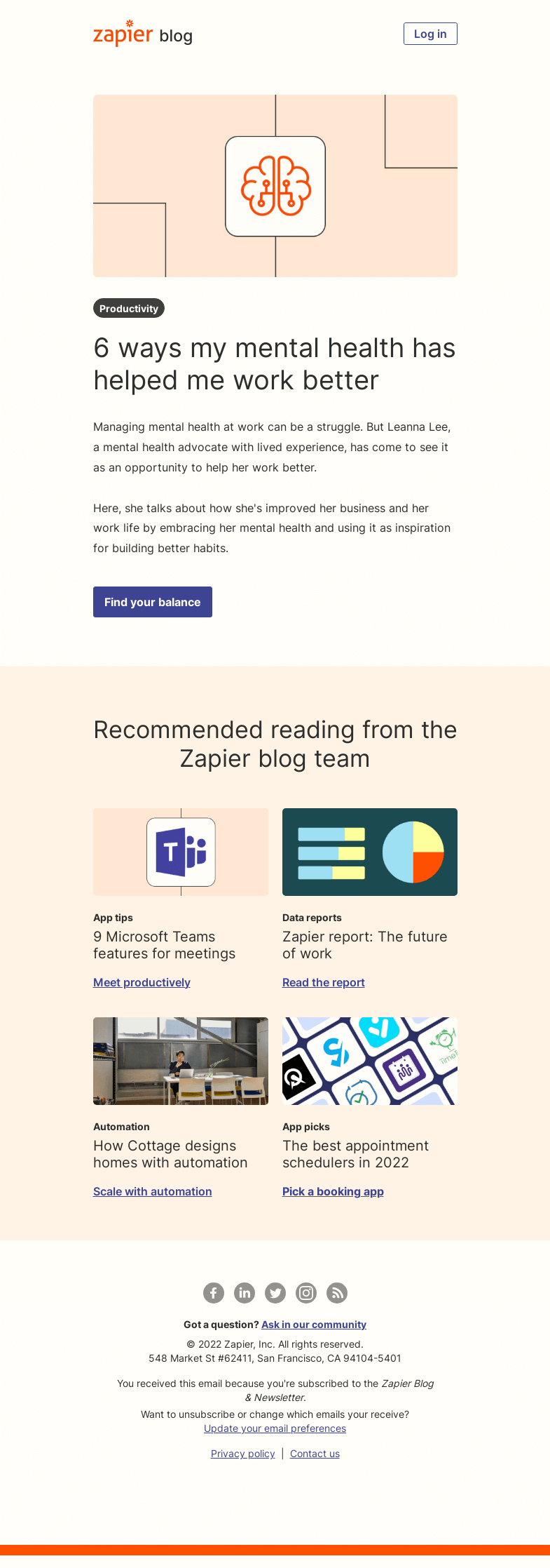 Письмо компании «Zapier» на тему «How your mental health can help you work better»