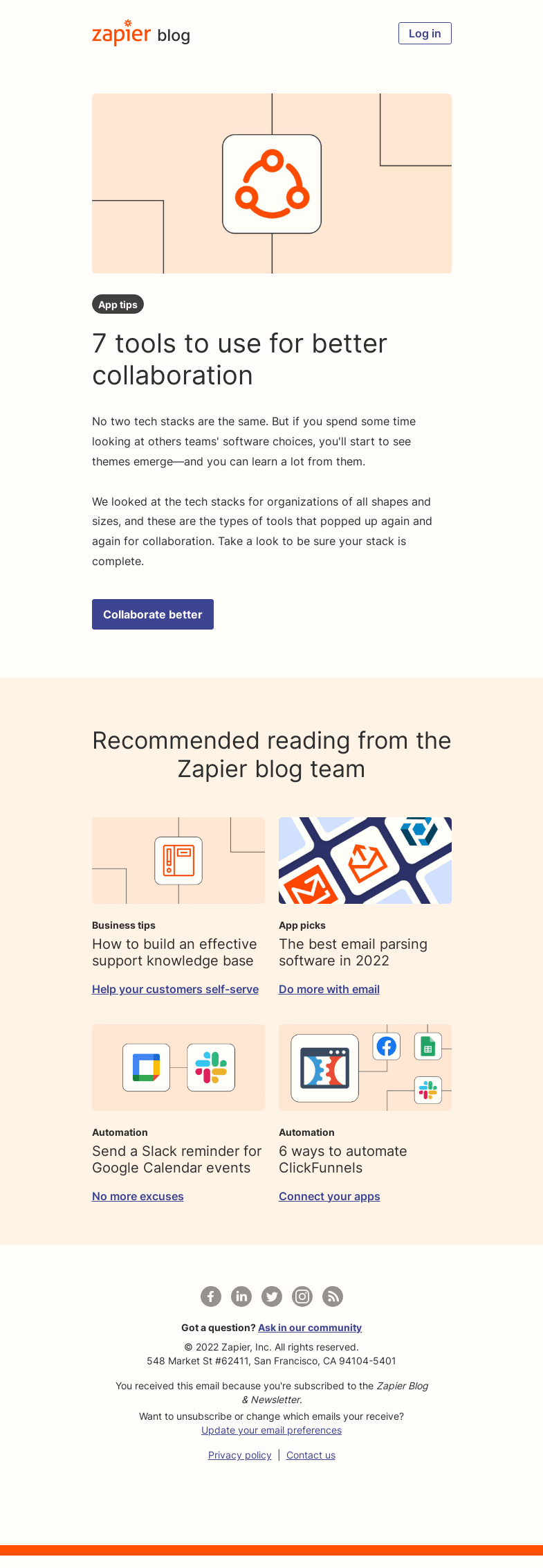 Письмо компании «Zapier» на тему «What's your collaboration tech stack?»