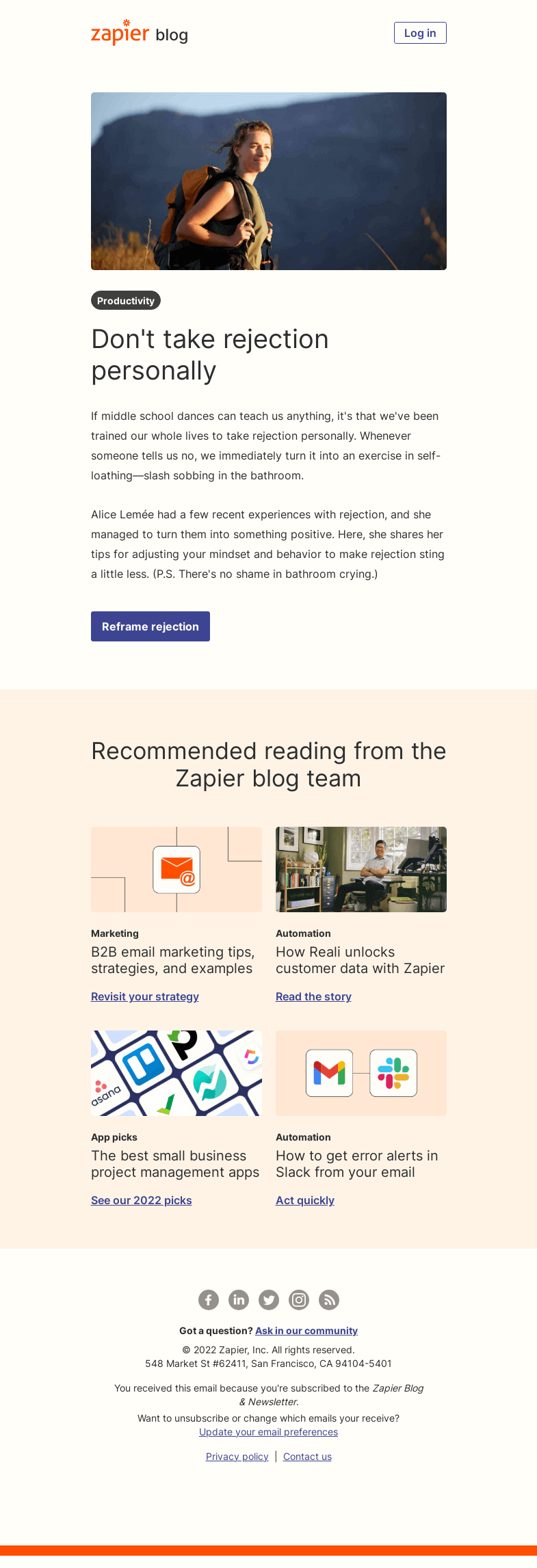 Письмо компании «Zapier» на тему «Don't take rejection personally»