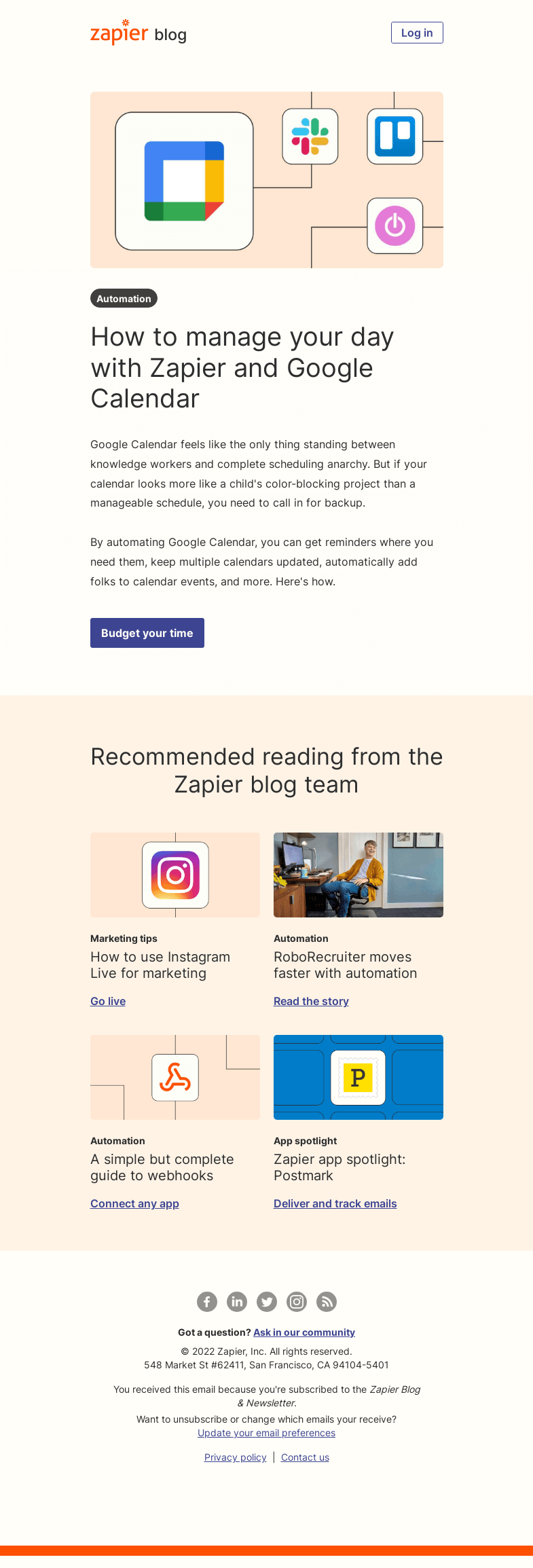Письмо компании «Zapier» на тему «Manage your day with Zapier and Google Calendar»